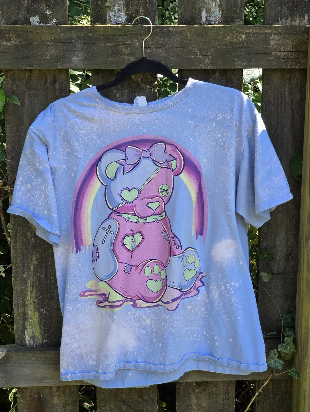 Custom Bleached Port & Company Pastel Rainbow Teddy Bear Graphic Tee Shimmer